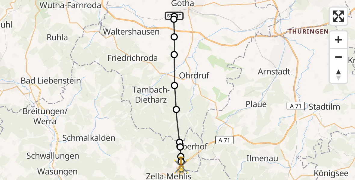 Flugroute Rettungshubschrauber Helios Clinic Gotha - Zella-Mehlis, 30 August 2026, 07:36
