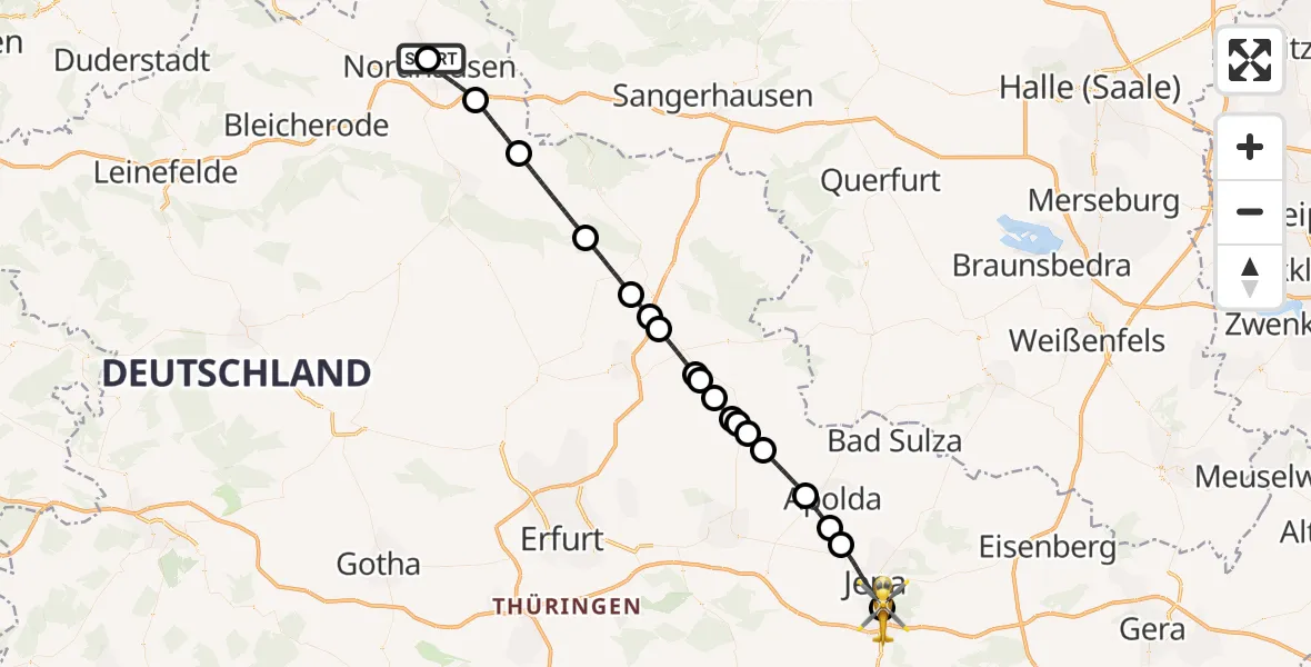 Flugroute Ambulanzhubschrauber Südharz Hospital Nordhausen - Lobeda Hubschrauberlandeplatz, 30 August 2026, 07:37
