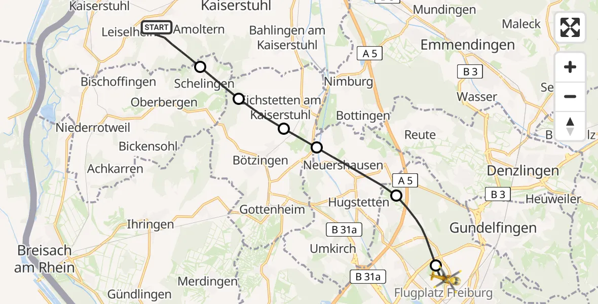 Flugroute Ambulanzhubschrauber Endingen am Kaiserstuhl - Freiburg im Breisgau Flugplatz, 30 August 2026, 07:42
