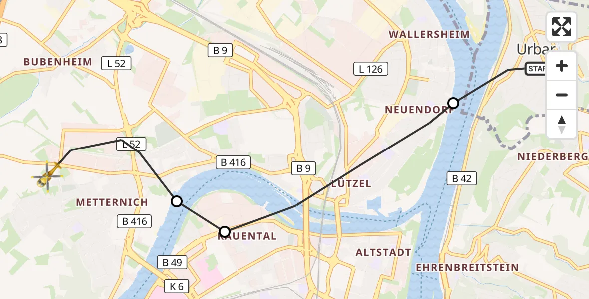 Flugroute Rettungshubschrauber Urbar - Koblenz, 30 August 2026, 07:53