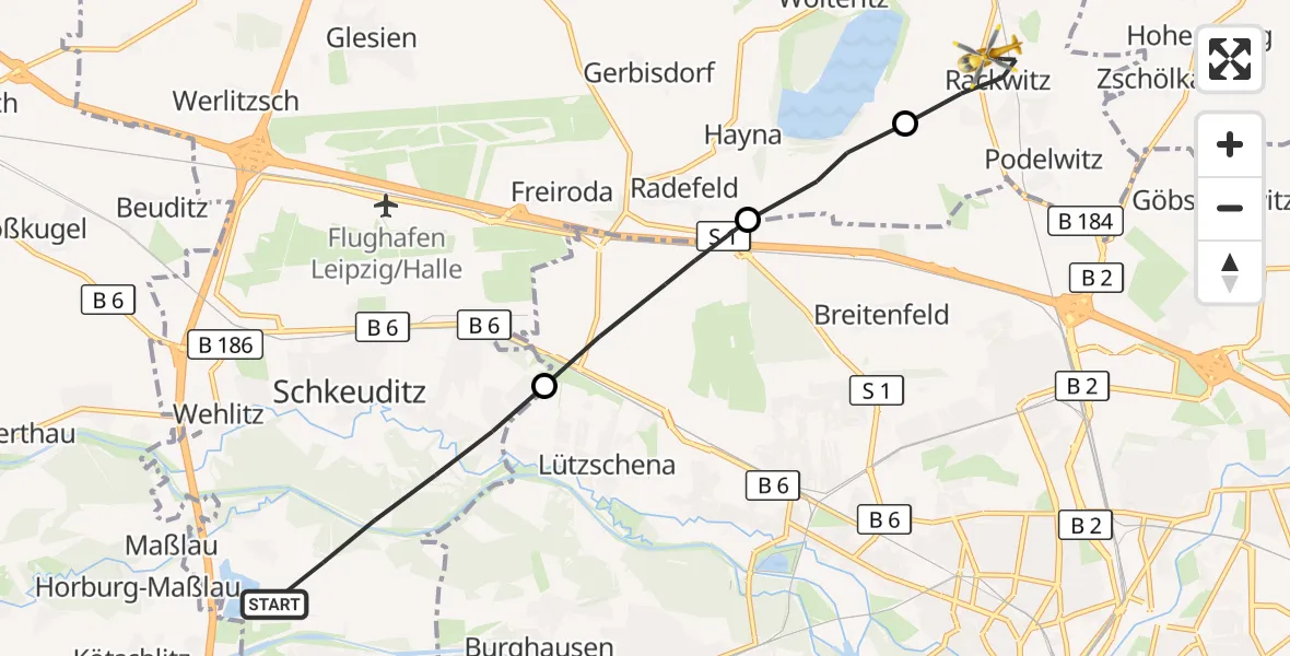 Flugroute Rettungshubschrauber Schkeuditz - Rackwitz, 30 August 2026, 07:54