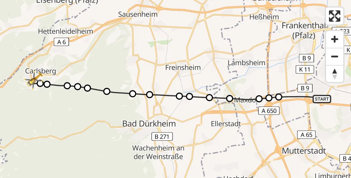 Flugroute Rettungshubschrauber Ludwigshafen am Rhein - Carlsberg, 30 August 2026, 07:58