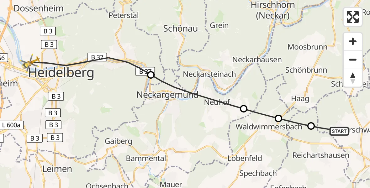 Flugroute Rettungshubschrauber Aglasterhausen - Heidelberg, 30 August 2026, 07:58