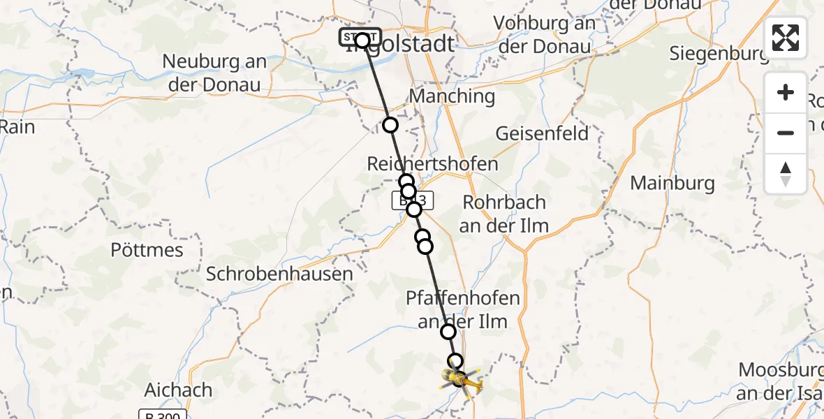 Flugroute Rettungshubschrauber Ingolstadt Hospital - Reichertshausen, 30 August 2026, 08:06