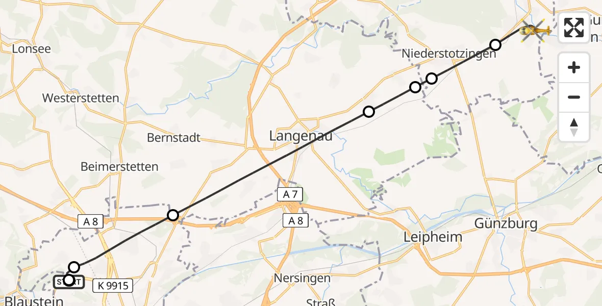 Flugroute Rettungshubschrauber Ulm Military Hospital Emergency - Sontheim an der Brenz, 30 August 2026, 08:14