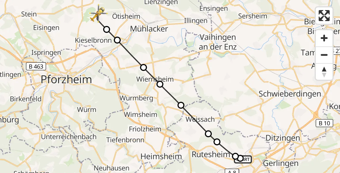 Flugroute Rettungshubschrauber Leonberg Hospital - Ölbronn-Dürrn, 30 August 2026, 08:16
