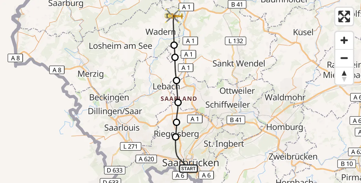 Flugroute Rettungshubschrauber Saarbrücken - Wadern, 30 August 2026, 08:18