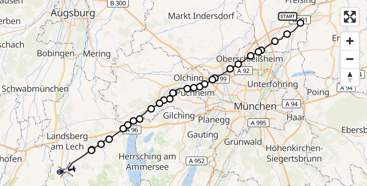 Flugroute Polizeihubschrauber Freising - Fuchstal, 30 August 2026, 08:19