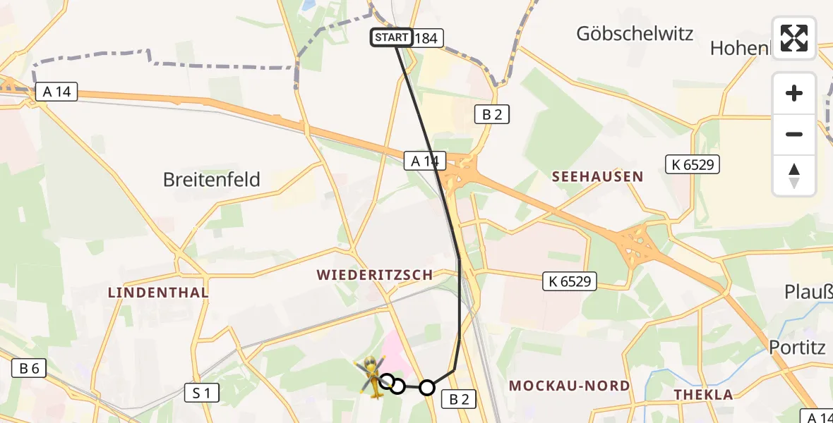 Flugroute Rettungshubschrauber Leipzig - Sankt Georg Hospital Leipzig Reserve, 30 August 2026, 08:20