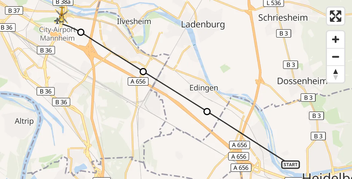 Flugroute Rettungshubschrauber Heidelberg - Mannheim-City Flughafen, 30 August 2026, 08:32