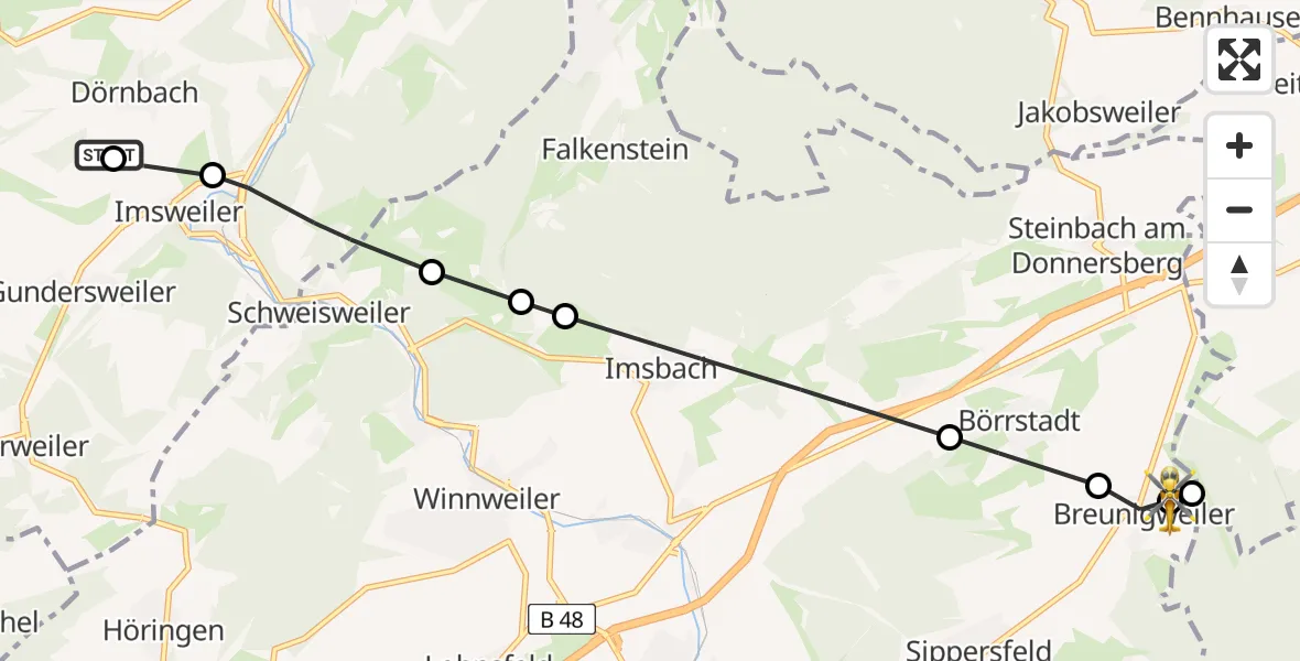 Flugroute Rettungshubschrauber Rockenhausen - Breunigweiler, 30 August 2026, 08:38