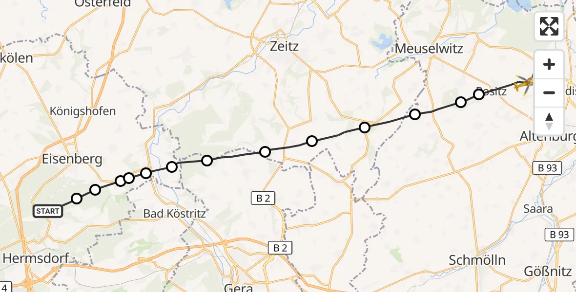 Flugroute Rettungshubschrauber Weißenborn - Altenburg, 30 August 2026, 08:43