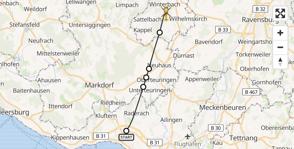 Flugroute Rettungshubschrauber Friedrichshafen Hospital - Horgenzell, 30 August 2026, 08:43