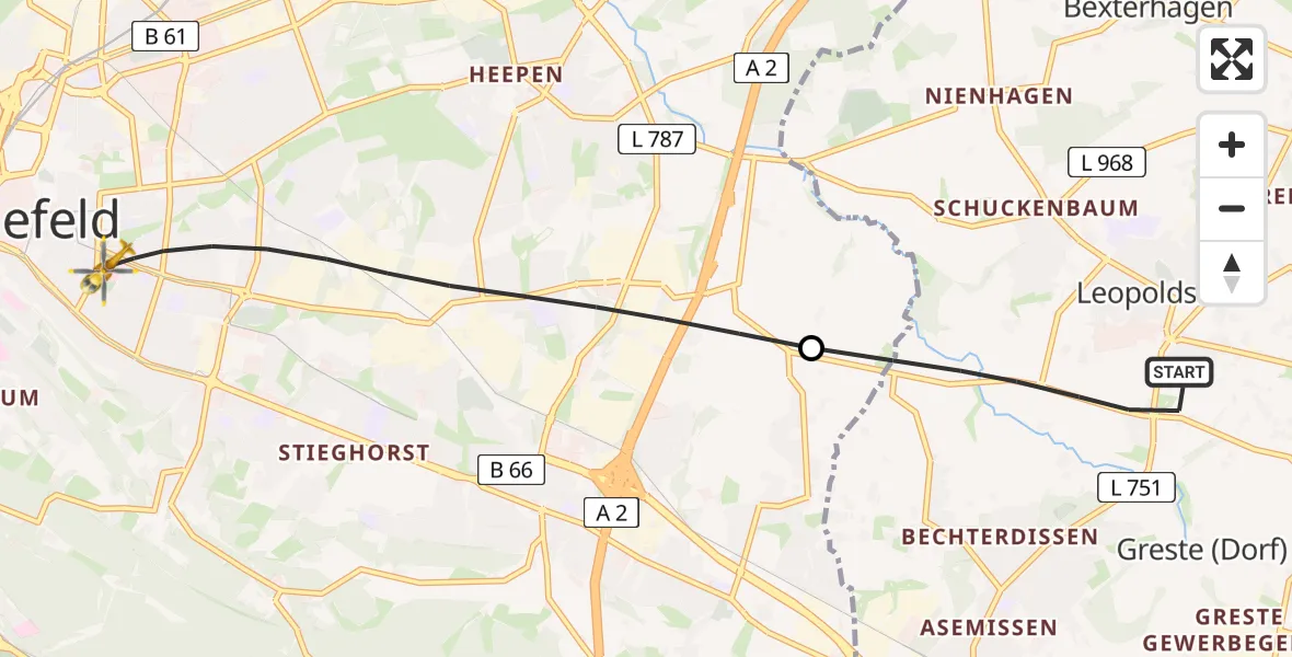 Flugroute Rettungshubschrauber Leopoldshöhe - Bielefeld, 30 August 2026, 08:44