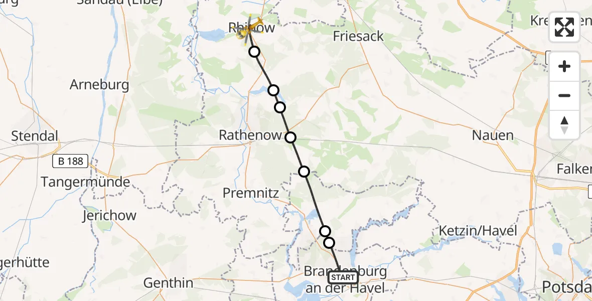 Flugroute Rettungshubschrauber Brandenburg an der Havel - Rhinow, 30 August 2026, 08:49