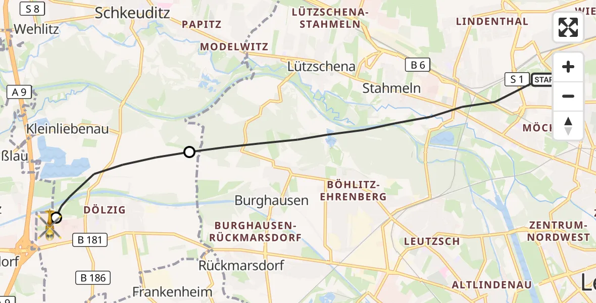 Flugroute Rettungshubschrauber Leipzig - ADAC Air Rescue Station Leipzig/Schkeuditz-Dölzig Hubschrauberlandeplatz (Christoph 61), 30 August 2026, 08:52