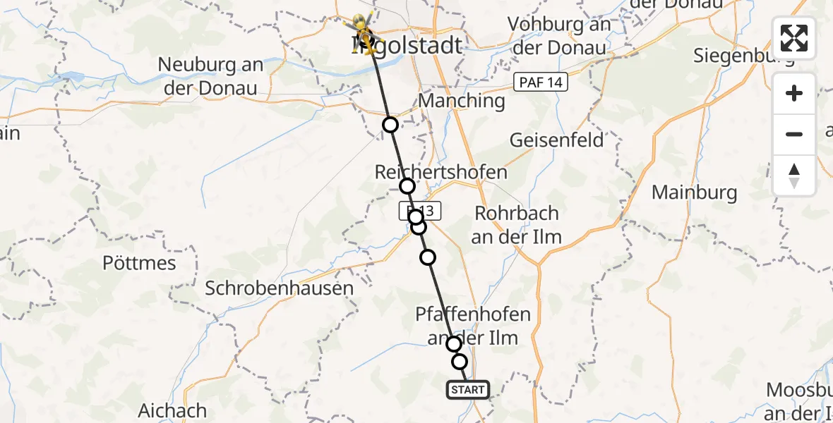 Flugroute Rettungshubschrauber Ilmmünster - Ingolstadt Hospital, 30 August 2026, 08:55