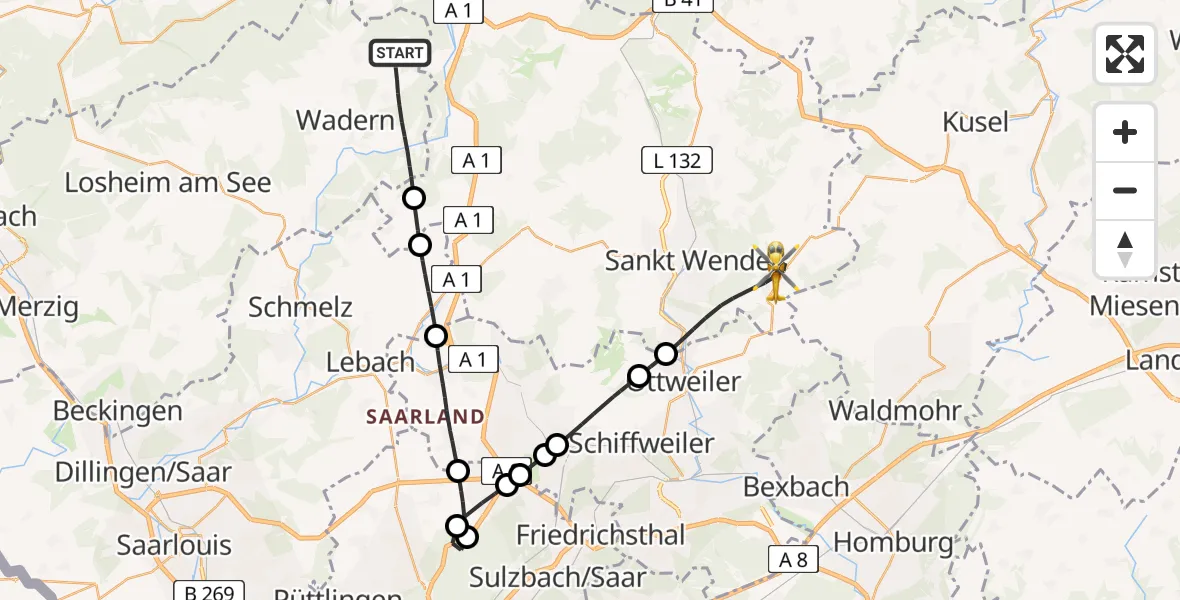 Flugroute Rettungshubschrauber Wadern - St. Wendel, 30 August 2026, 08:56