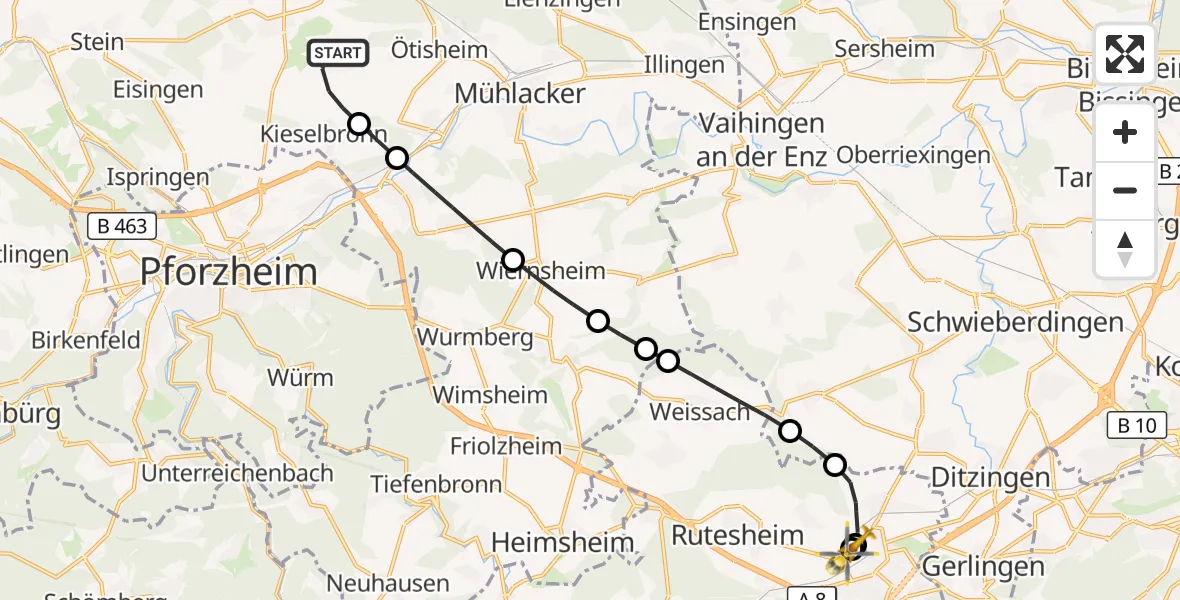 Flugroute Rettungshubschrauber Ölbronn-Dürrn - Leonberg Hospital, 30 August 2026, 09:01