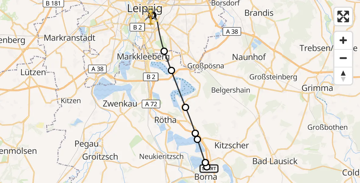Flugroute Rettungshubschrauber Sana Hospital Borna - Leipzig University Hospital Heliport 1, 30 August 2026, 09:07