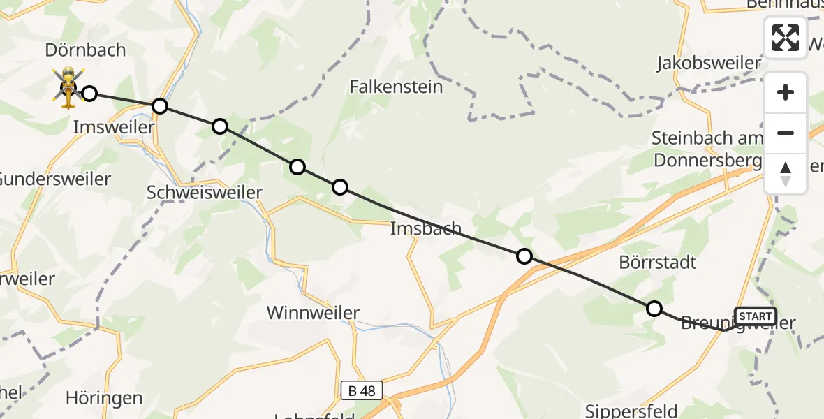 Flugroute Rettungshubschrauber Breunigweiler - Rockenhausen, 30 August 2026, 09:10