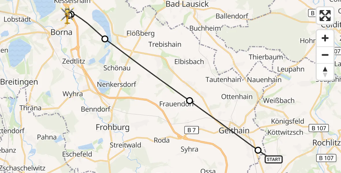 Flugroute Rettungshubschrauber Rochlitz - Sana Hospital Borna, 30 August 2026, 09:11