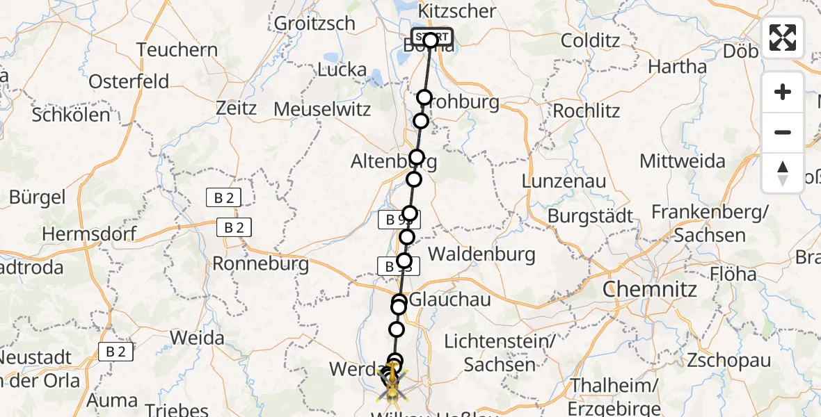 Flugroute Rettungshubschrauber Sana Hospital Borna - ADAC Air Rescue Station Zwickau Hubschrauberlandeplatz, 30 August 2026, 09:21