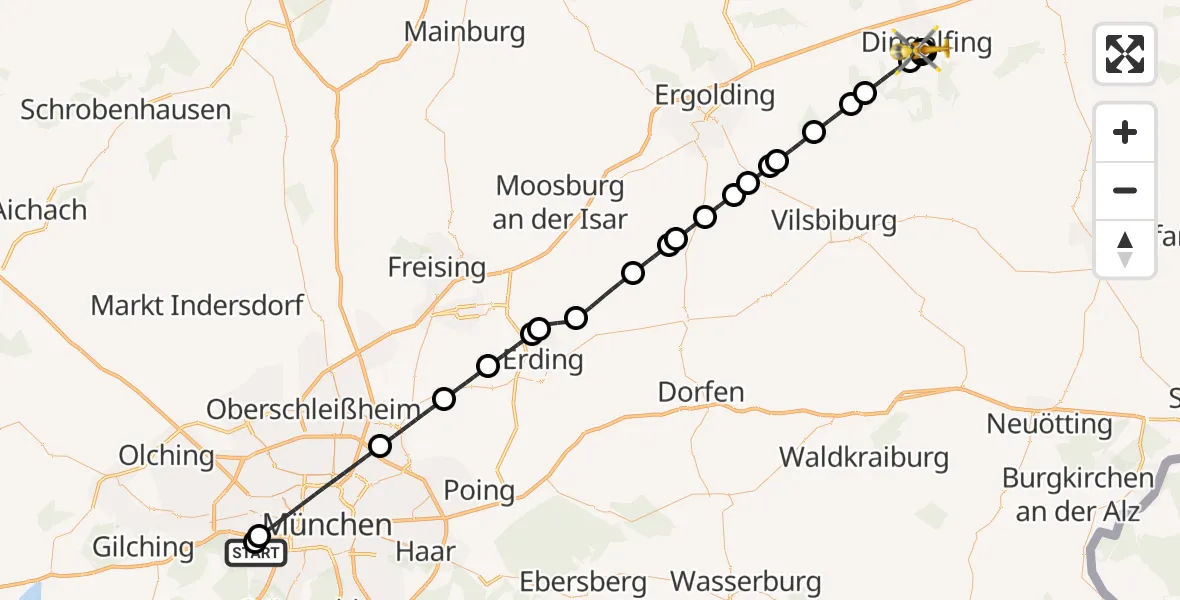 Flugroute Rettungshubschrauber DRF Air Rescue München Hubschrauberlandeplatz - DonauIsar Hospital Dingolfing, 30 August 2026, 09:21