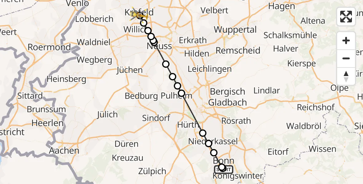 Flugroute Ambulanzhubschrauber Bonn University Hospital - Helios Clinic Krefeld, 30 August 2026, 09:22