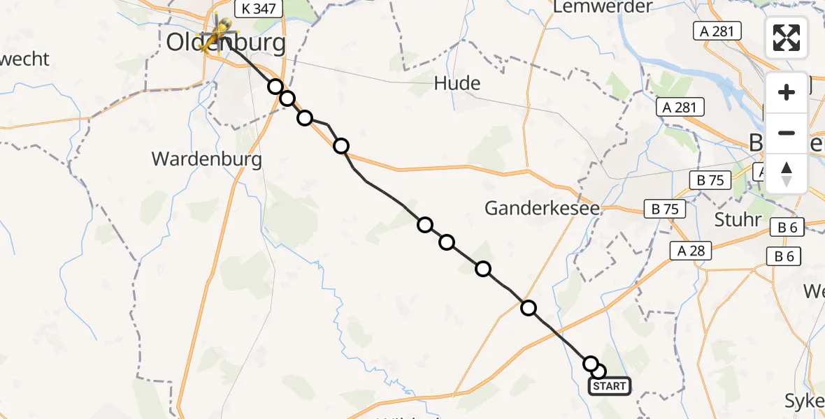 Flugroute Rettungshubschrauber Dünsen - Oldenburg (Oldb), 30 August 2026, 09:28