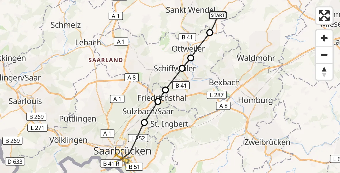 Flugroute Rettungshubschrauber St. Wendel - Saarbrücken, 30 August 2026, 09:30