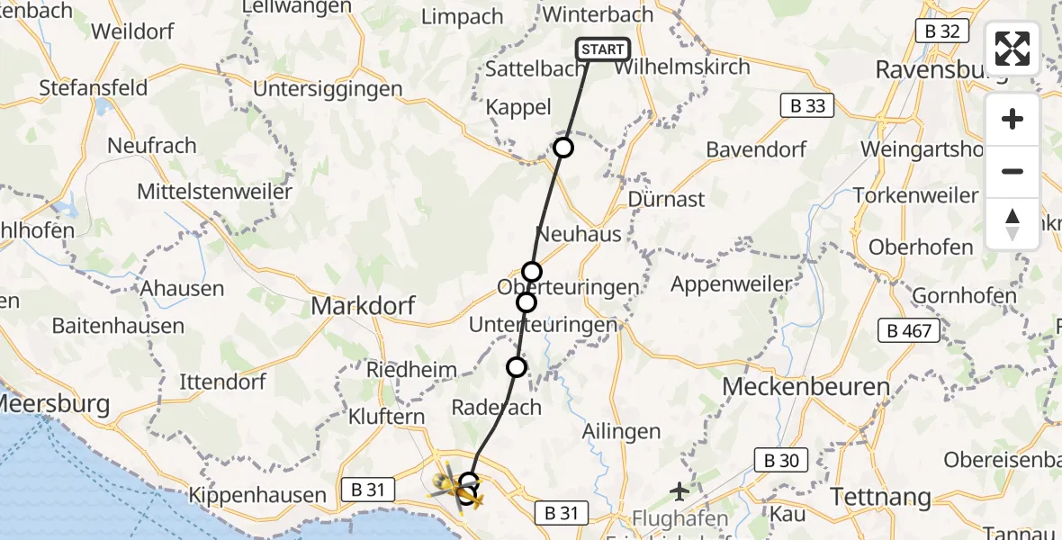 Flugroute Rettungshubschrauber Horgenzell - Friedrichshafen Hospital, 30 August 2026, 09:40