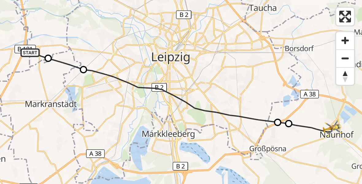 Flugroute Rettungshubschrauber Schkeuditz - Naunhof, 30 August 2026, 09:44