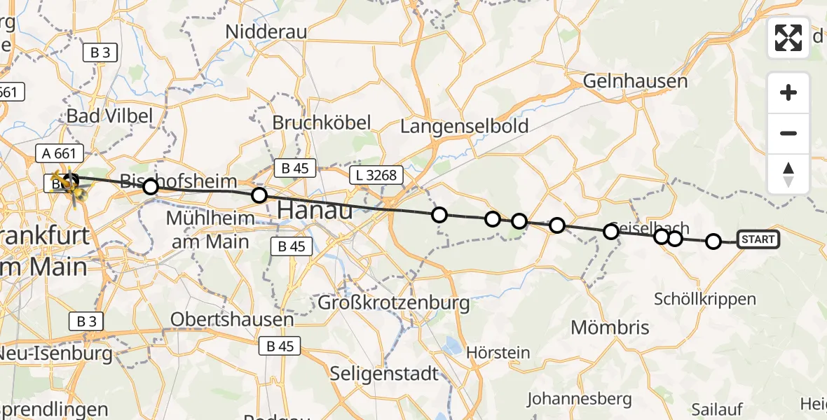 Flugroute Rettungshubschrauber Kleinkahl - Frankfurt am Main Accident Hospital Roof Helipad (CHX2), 30 August 2026, 09:45