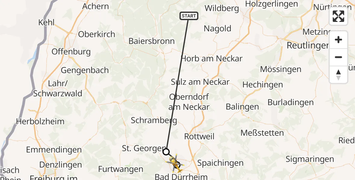 Flugroute Ambulanzhubschrauber Altensteig - DRF Air Rescue Station Villingen-Schwenningen Hubschrauberlandeplatz (Christoph 11), 30 August 2026, 09:45