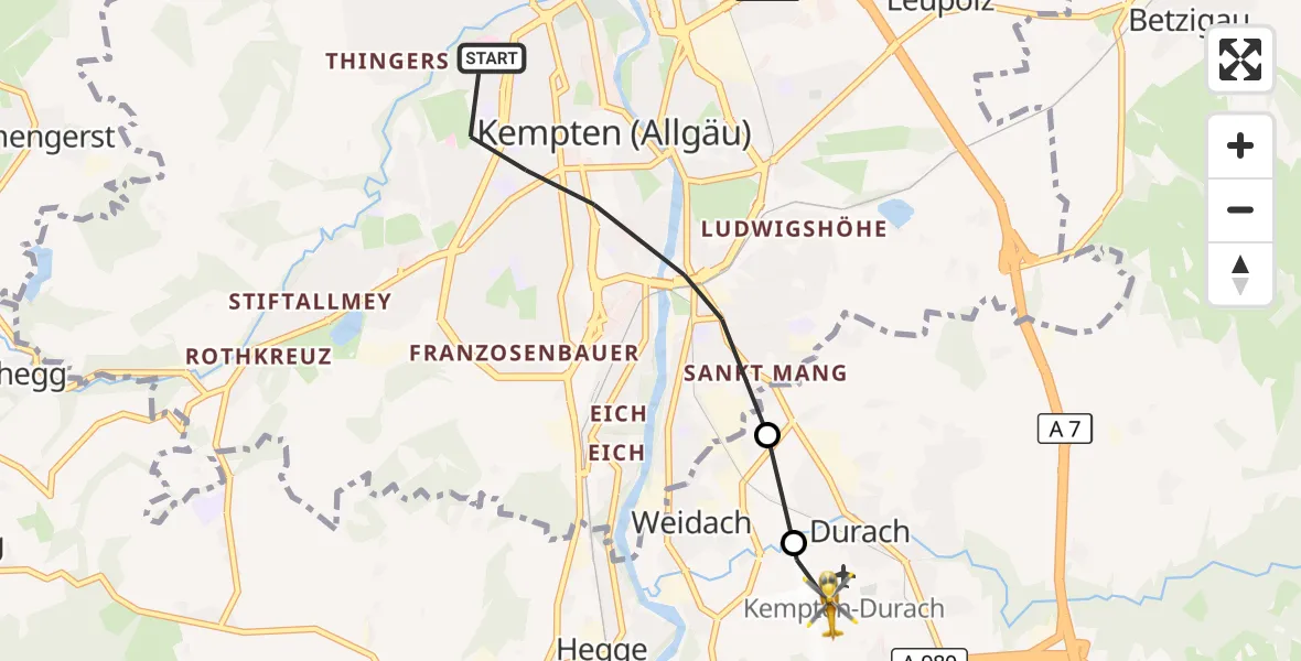 Flugroute Rettungshubschrauber Kempten (Allgäu) - Kempten-Durach Flugplatz, 30 August 2026, 09:59