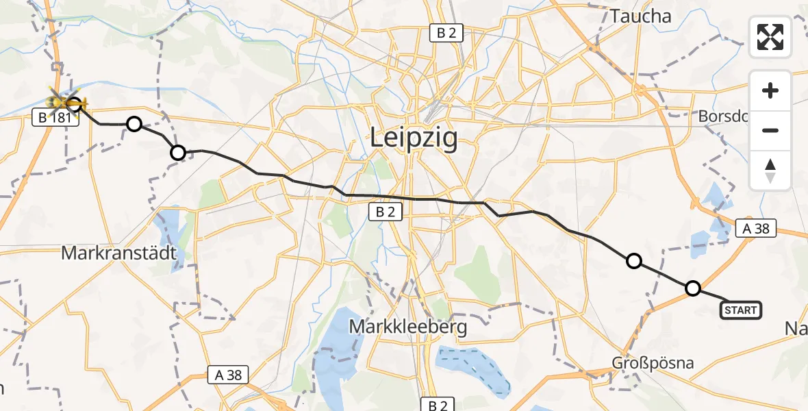 Flugroute Rettungshubschrauber Naunhof - ADAC Air Rescue Station Leipzig/Schkeuditz-Dölzig Hubschrauberlandeplatz (Christoph 61), 30 August 2026, 10:34
