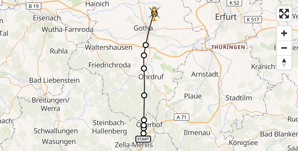 Flugroute Rettungshubschrauber Zella-Mehlis - Gotha, 30 August 2026, 10:36