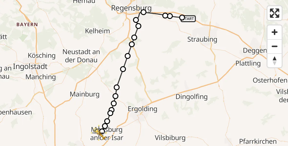 Flugroute Rettungshubschrauber Kirchroth - Moosburg a.d.Isar, 30 August 2026, 10:43