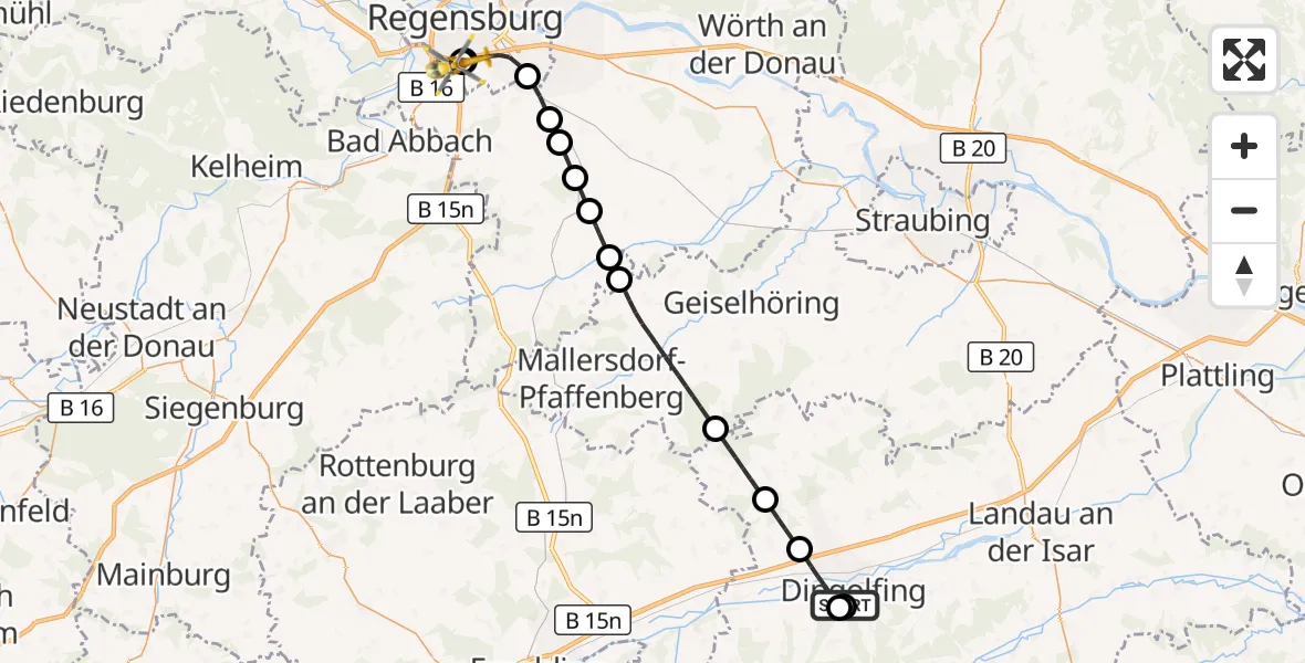 Flugroute Rettungshubschrauber DonauIsar Hospital Dingolfing - DRF Air Rescue Station Regensburg / Regensburg University Hospital, 30 August 2026, 10:44