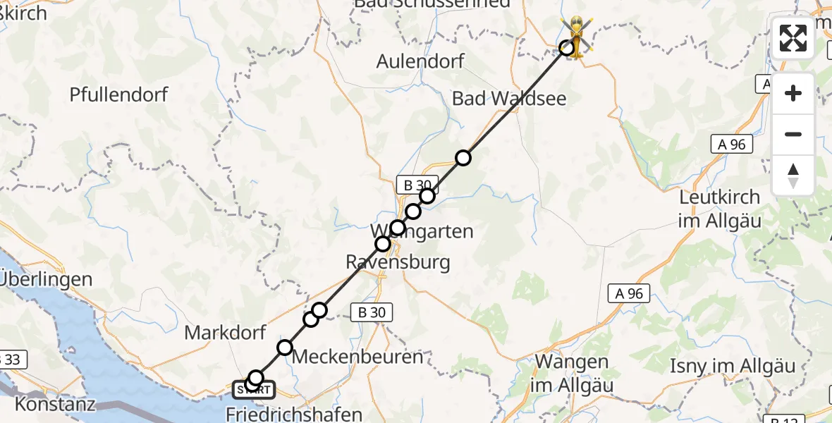 Flugroute Rettungshubschrauber Friedrichshafen Hospital - Eberhardzell, 30 August 2026, 10:51