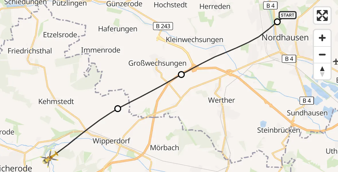 Flugroute Rettungshubschrauber Südharz Hospital Nordhausen - Bleicherode, 30 August 2026, 10:56