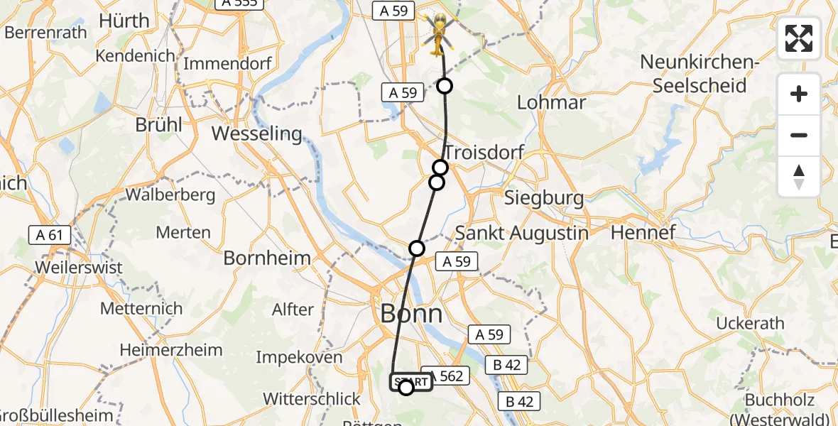 Flugroute Rettungshubschrauber Bonn University Hospital - Köln Bonn Flughafen, 30 August 2026, 10:58