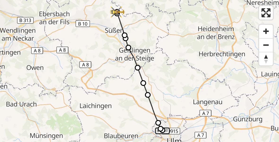Flugroute Rettungshubschrauber Ulm Military Hospital Emergency - Schwäbisch Gmünd, 30 August 2026, 11:05