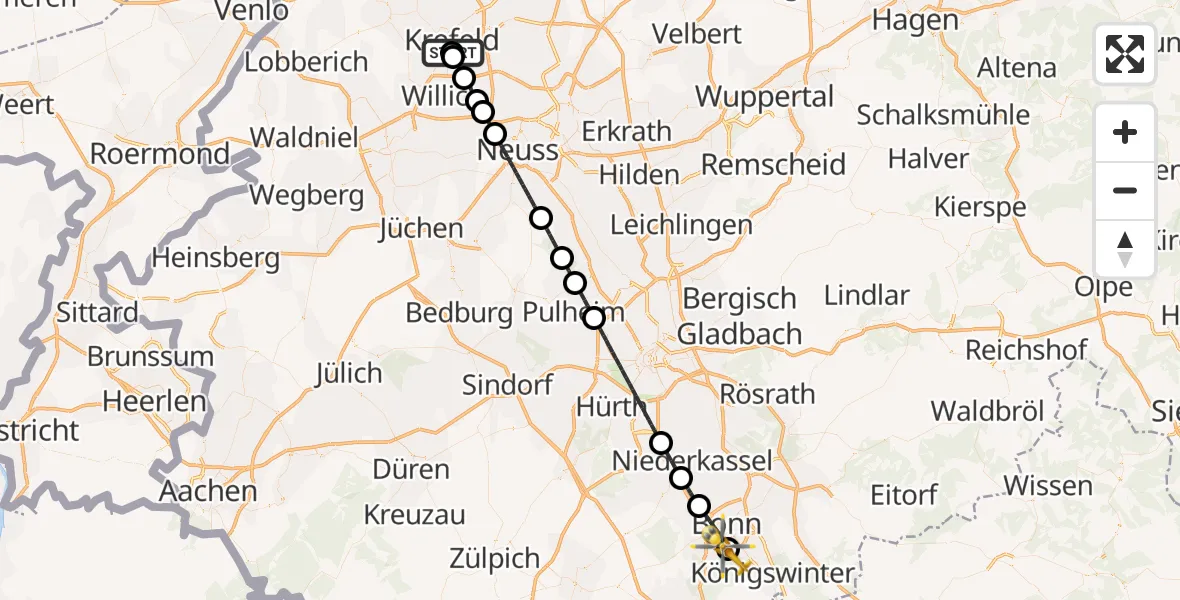 Flugroute Ambulanzhubschrauber Helios Clinic Krefeld - Bonn University Hospital, 30 August 2026, 11:14