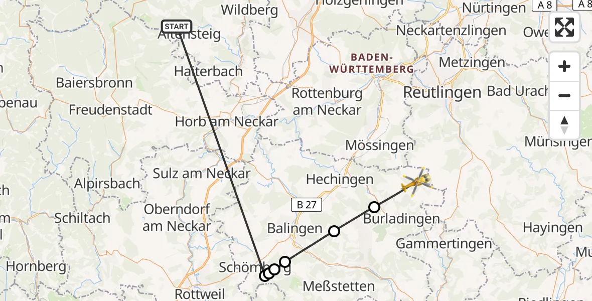 Flugroute Ambulanzhubschrauber Altensteig - Burladingen, 30 August 2026, 11:15