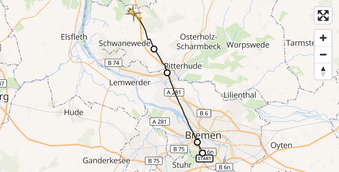 Flugroute Rettungshubschrauber Bremen - Schwanewede, 30 August 2026, 11:18