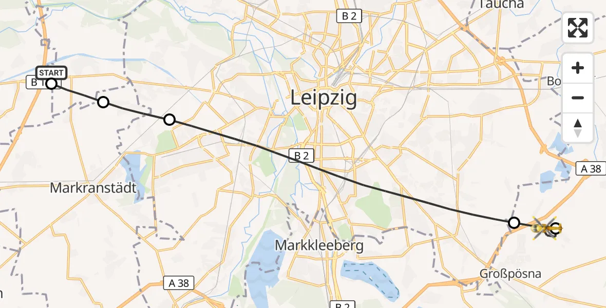 Flugroute Rettungshubschrauber ADAC Air Rescue Station Leipzig/Schkeuditz-Dölzig Hubschrauberlandeplatz (Christoph 61) - Naunhof, 30 August 2026, 11:21