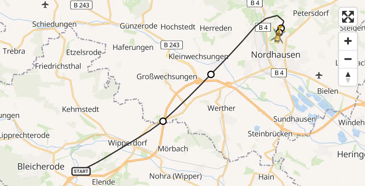 Flugroute Rettungshubschrauber Bleicherode - Südharz Hospital Nordhausen, 30 August 2026, 11:34