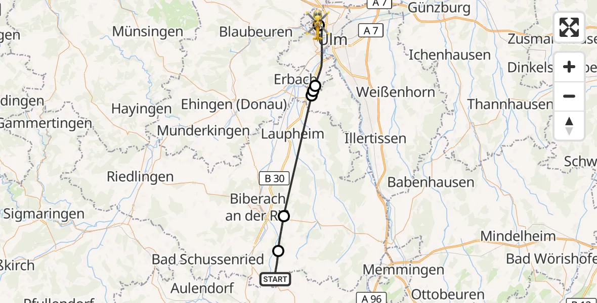 Flugroute Rettungshubschrauber Eberhardzell - Ulm Military Hospital Emergency Hubschrauberlandeplatz, 30 August 2026, 11:39